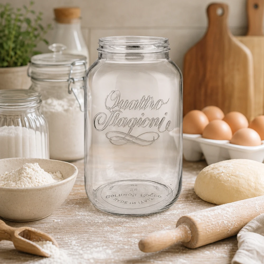 3800ml pyöreä purkki "Quattro Stagioni" QS110mm. 3800ml Quattro Stagioni Haushaltsglas in rustikaler Küche mit Backzutaten, perfekt für Vorratshaltung und Dekoration