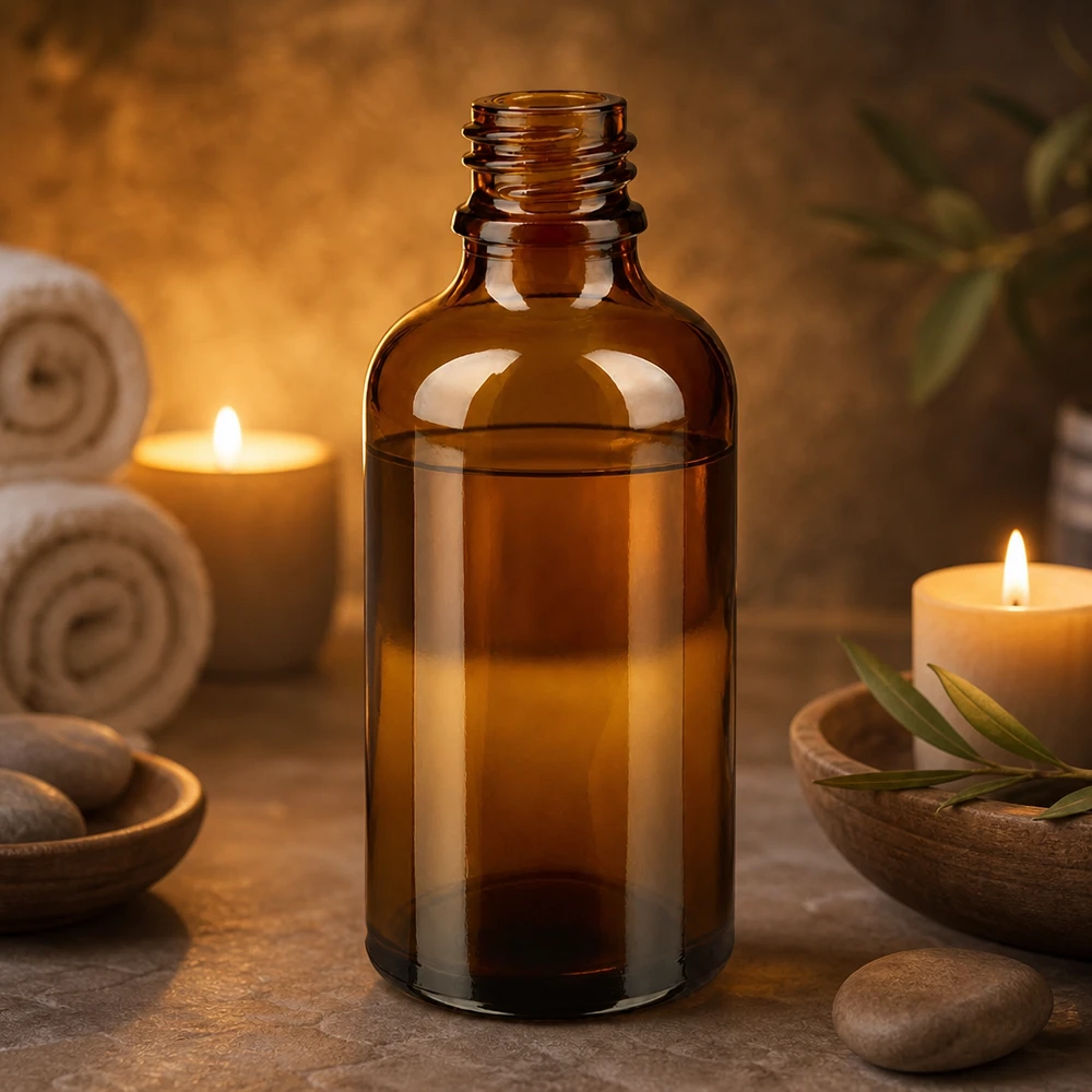 50ml ruskea ApoGlas apteekkipullo öljyllä lämpimässä kynttilänvalossa Wellness-tunnelma kylpyläkivien vieressä