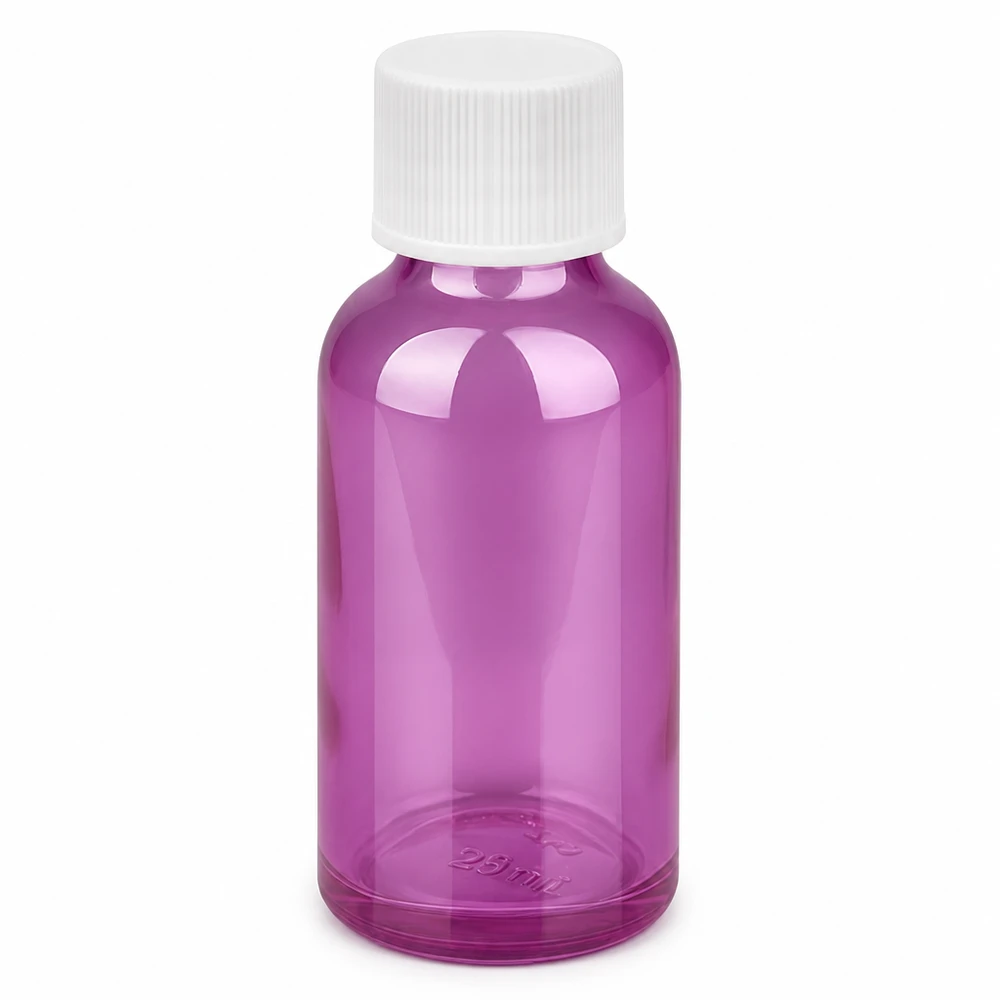 30ml pullo 11mm kierrekorkki valkoinen vakio PurpleLine UT18/30 30ml violetti lasipullo valkoisella kierrekorkilla kosmetiikkaan ja farmaseuttisiin tuotteisiin.