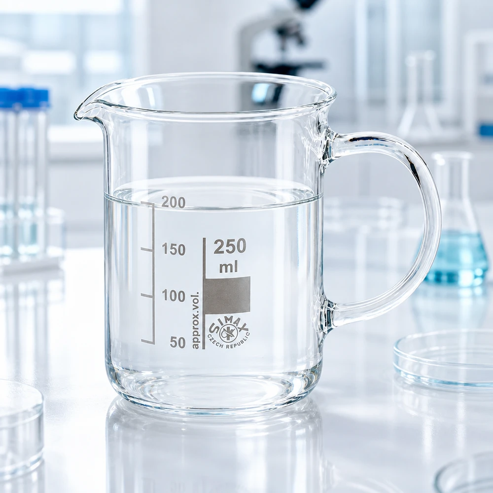 Juomalasi 250ml borosilikaattilasi, kahvalla varustettuna Läpinäkyvä 250 ml:n mittalasi, jossa on kahva ja millilitra-asteikko, modernissa laboratorioympäristössä