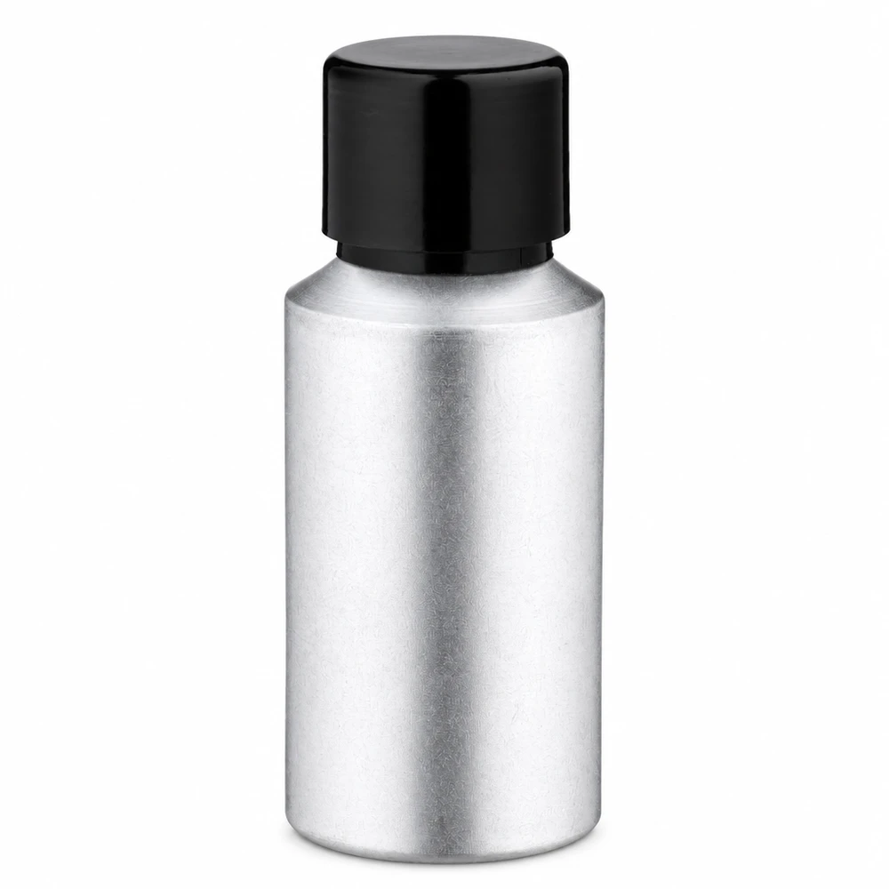 30ml petsattu alumiinipullo, jossa on kierrekorkki 30ml värjätty alumiinipullo mustalla kierrekorkilla kosmetiikalle ja eteerisille öljyille.