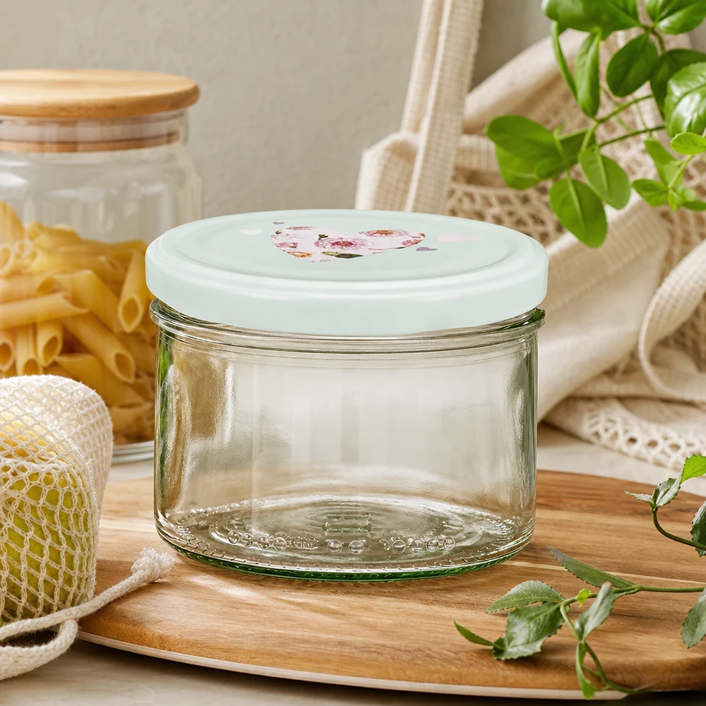 230ml sylinteripurkki BasicSeal kansi sydän minttu tyhjä puisella tarjottimella, jossa on pasta juuttisäkki ja vihreitä kasveja.