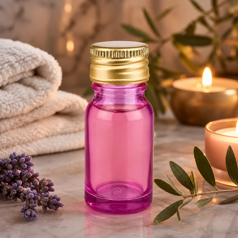Korkealaatuinen 10ml aromaterapiapullo UV-suojalla, jossa on tyylikäs violetti ja kultainen korkki.