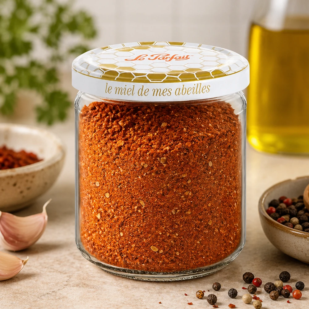 Le Parfait Hunaja säilytyspurkki 212ml, joka on täytetty mausteseoksella valkosipulipippurien ja oliiviöljyn kera.