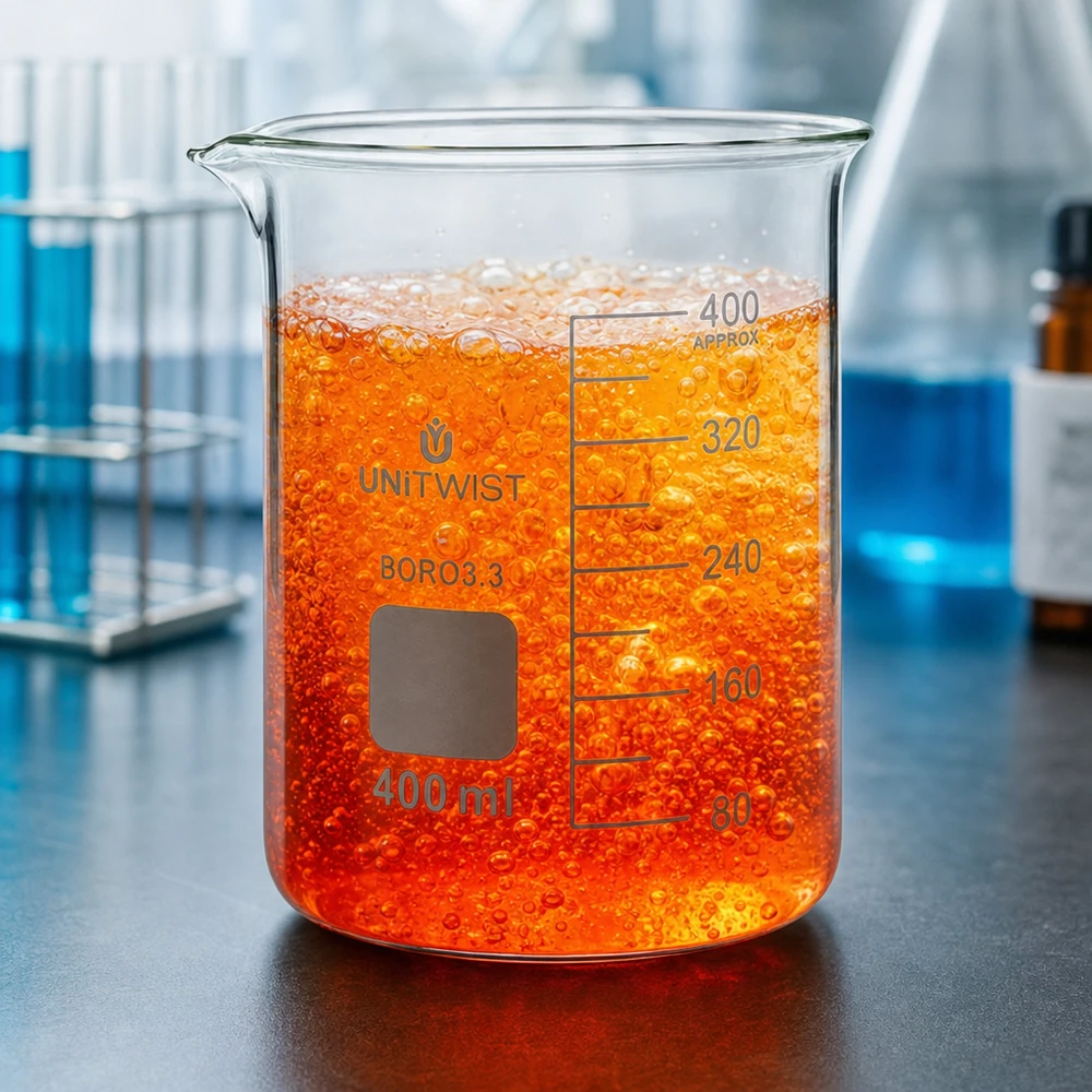 UNiTWIST-lasimalja, 400 ml, jossa on kuplivaa oranssia nestettä ja näkyviä kuplia laboratoriossa