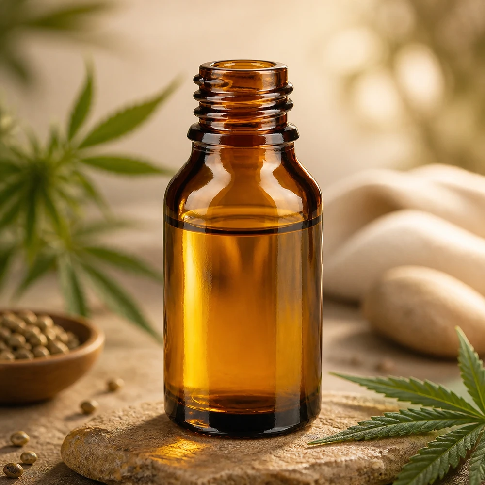 15ml ruskea ApoGlas-pullo, jossa on kannabiksen lehtiä, hampunsiemeniä ja spa-kiviä luonnollisille hyvinvointituotteille.