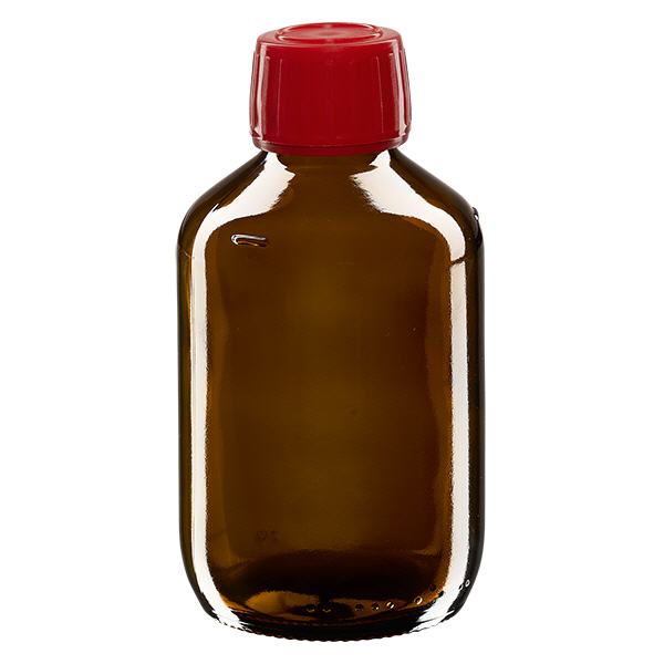 200ml lääkepullo ruskea, punainen korkki, jossa peukalointi-ilmoitusrengas ApoGlas 200ml lääkepullo ruskea, punainen korkki, jossa peukalointi-ilmoitusrengas ApoGlas