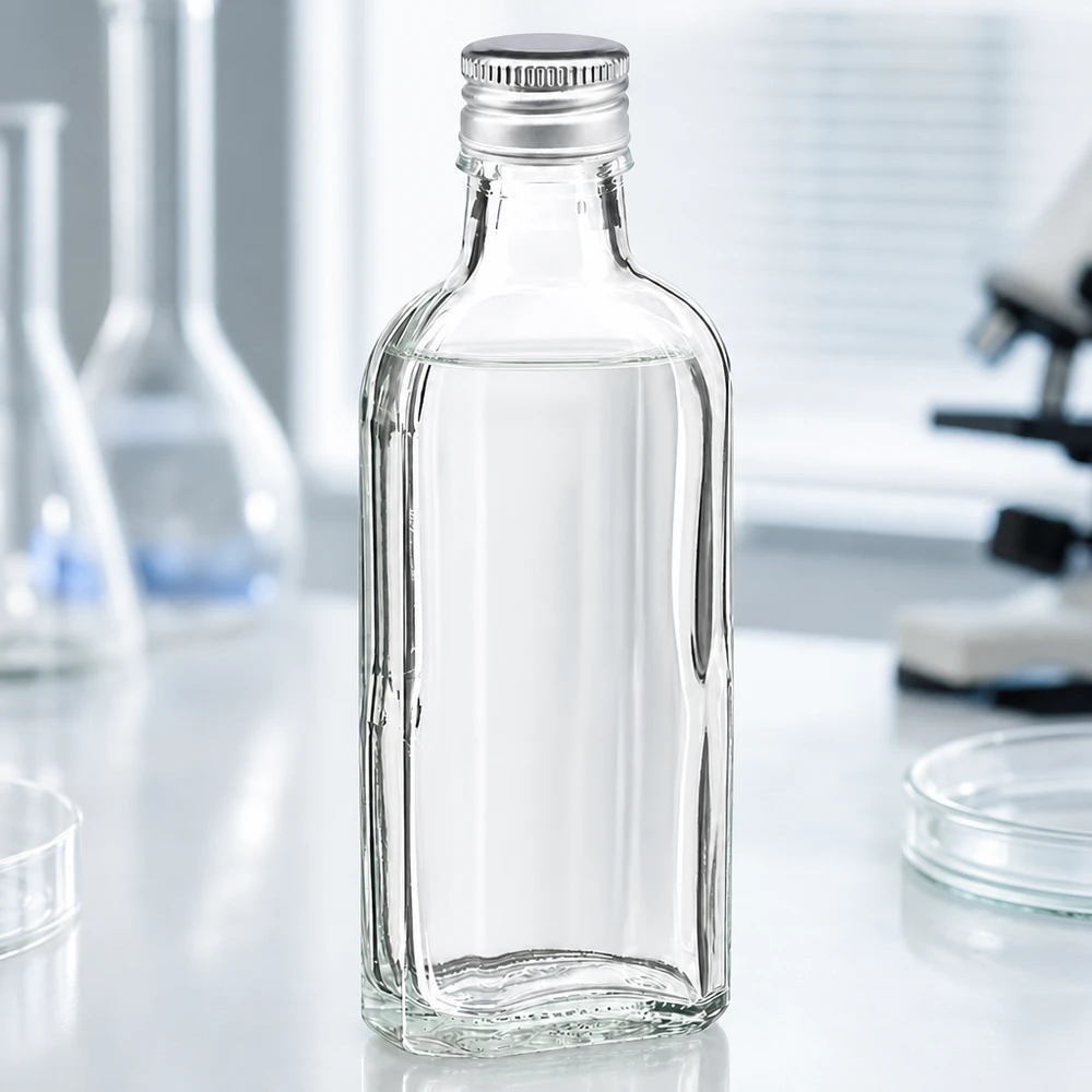 Läpinäkyvä 100 ml:n Meplat-pullo, jossa on hopeanvärinen alumiininen kierrekorkki PP22, laboratoriossa