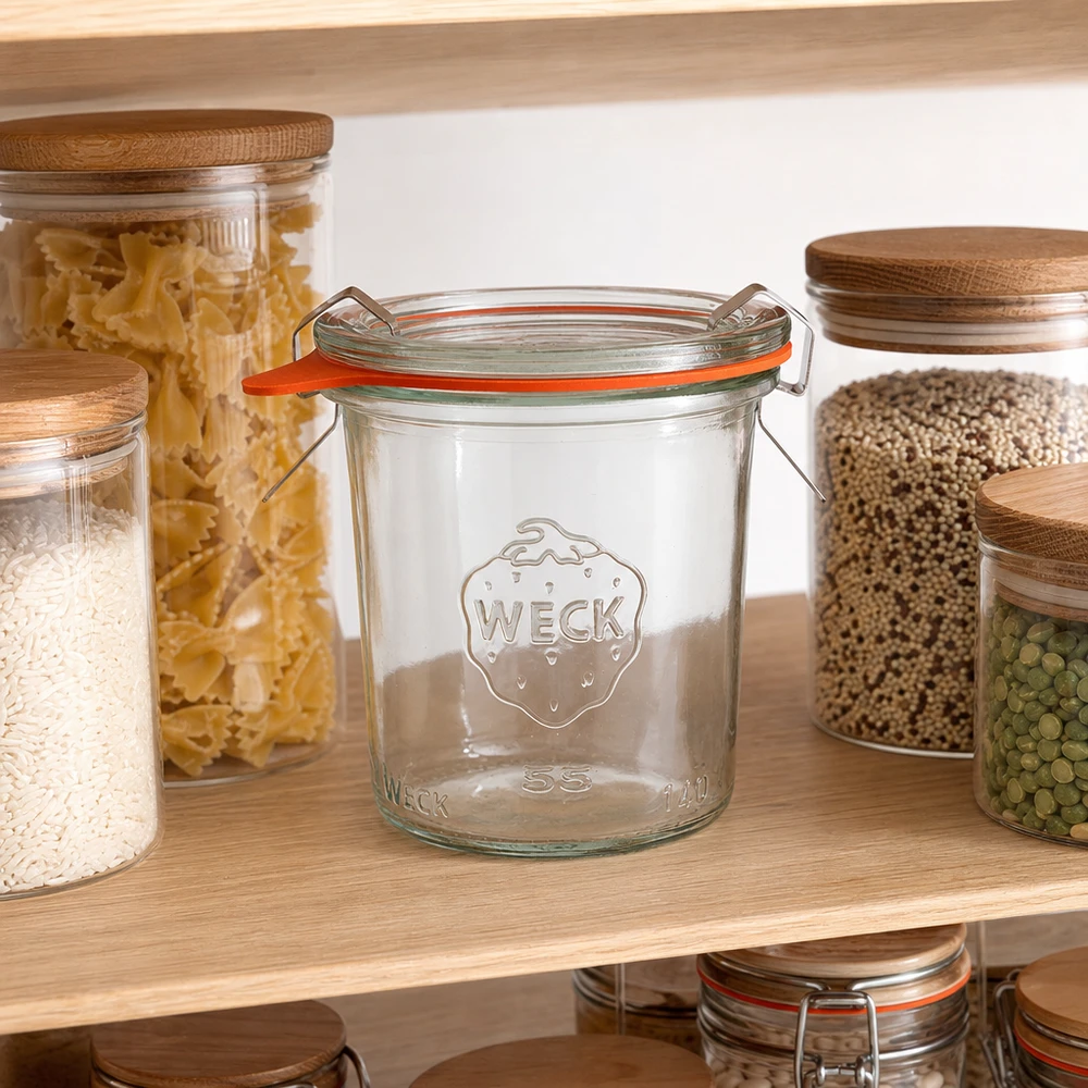 140 ml:n tumppupurkki täydellisenä WECK RR60 WECK 140ml RR60 säilytyspurkki ruokakomerossa, jossa on pastaa, riisiä ja palkokasveja ruoan säilytykseen.
