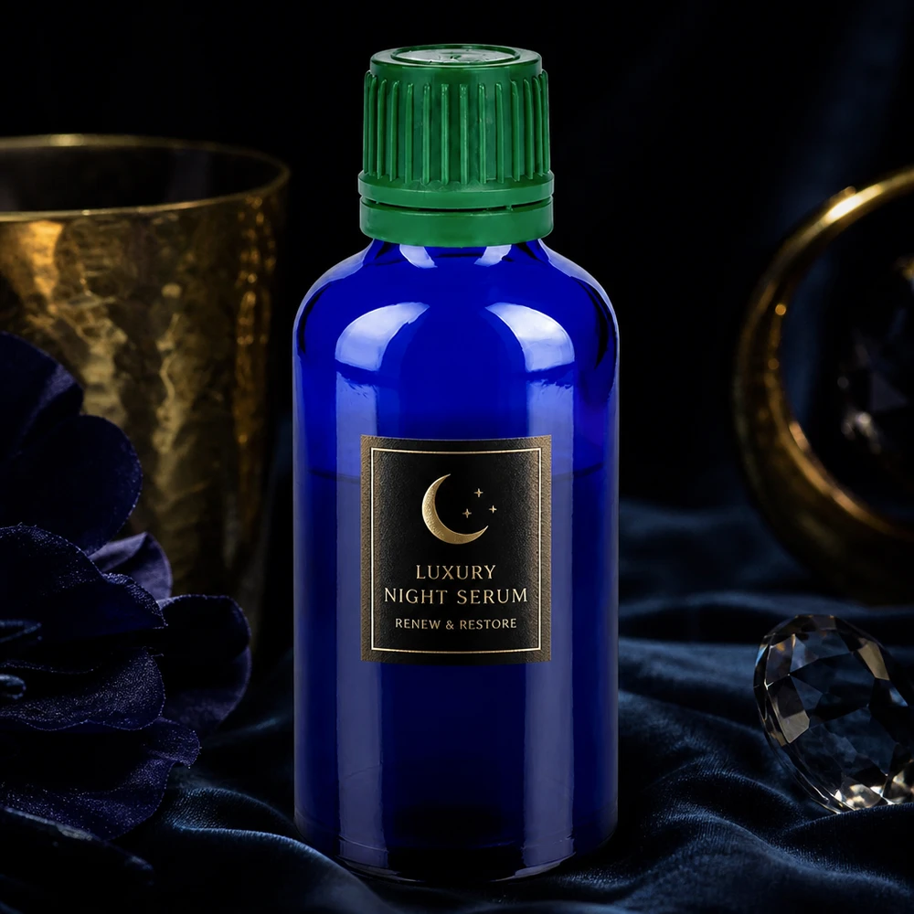Ammattimainen 50ml lasipullo BlueLine-sarja, jossa on lapsiturvallinen vihreä kierrekorkki