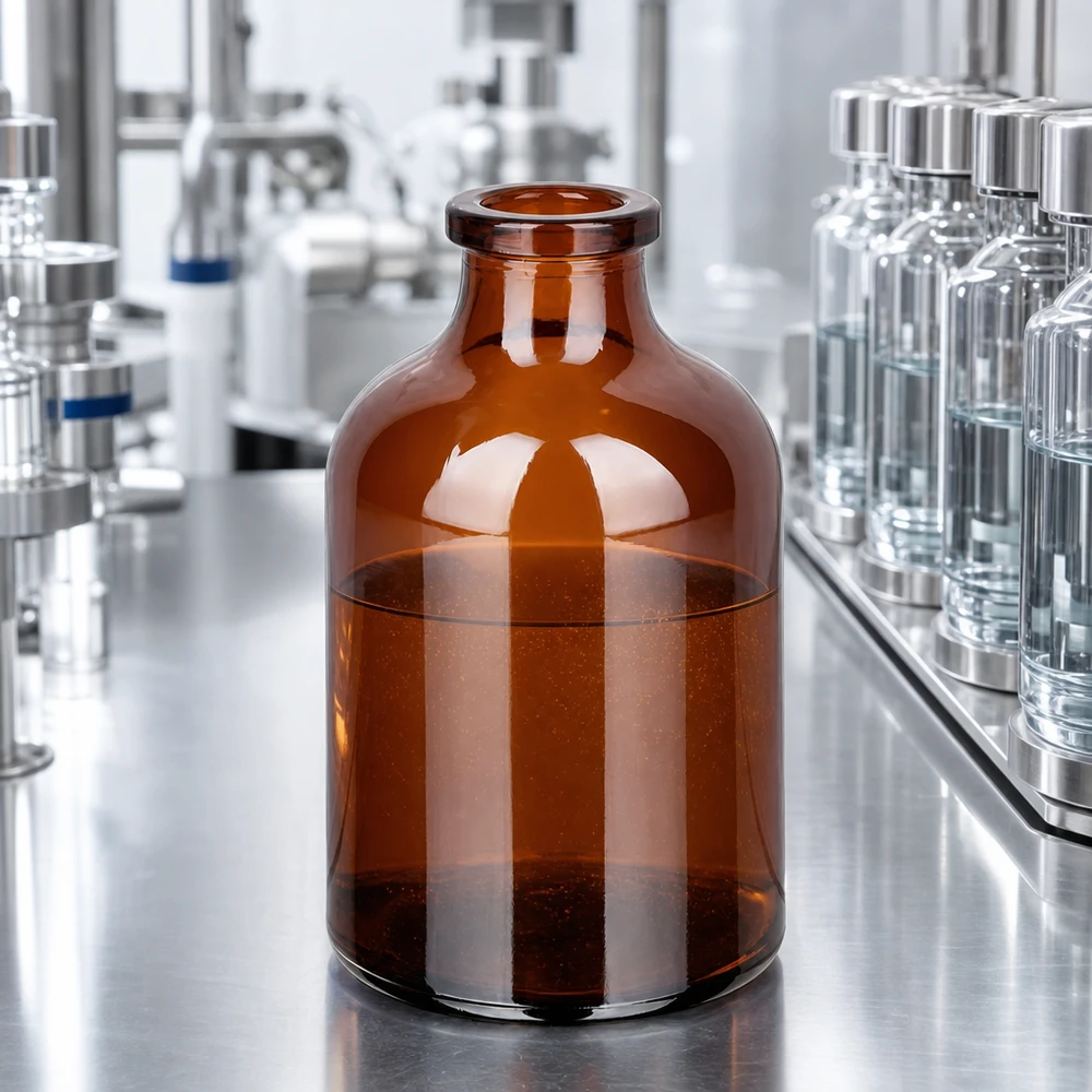 Injektionsflasche Braunglas 50ml mit bernsteinfarbenem Glaskörper in pharmazeutischer Produktionsumgebung