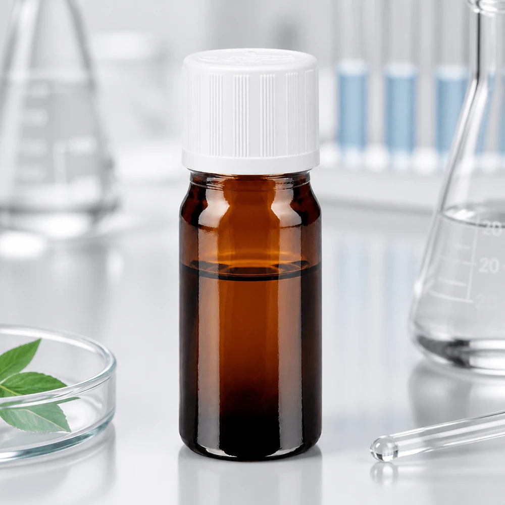 Apteekkipullo ruskea 5ml ruuvikorkki valkoinen lapsiturvallinen standardi 5 ml:n ruskealasiinen apteekkipullo, jossa on valkoinen kierrekorkki ja lapsiturvallinen suljin, laboratoriossa