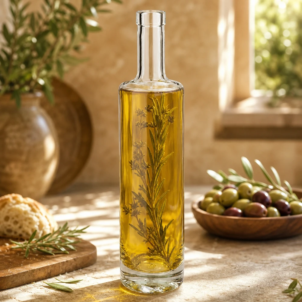500ml Glasflasche "Centurio" ohne Verschluss UNiTWIST® 500ml Glasflasche Lina gefüllt mit Kräuteröl Dekoration Küche mediterran Lifestyle Anwendungsbeispiel Bild 2 von 10