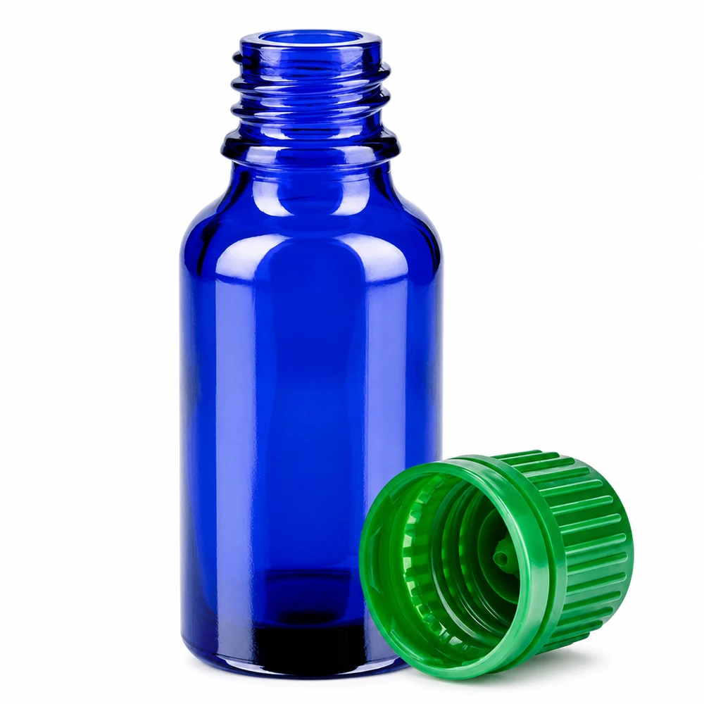 20ml pullo 11mm kierrekorkki vihreä väärentämisen estävä sulkeminen BlueLine UT18/20 BlueLine UT18/20 Pieni 20 ml:n lasipullo koboltinsininen ja vihreä korkki tarkkaa annostelua varten.