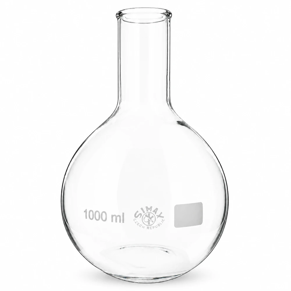 Pyöreä pohjapullo 1000ml pitkällä kaulalla tarkkaan tislaukseen ja kemialliseen synteesiin laboratoriossa.