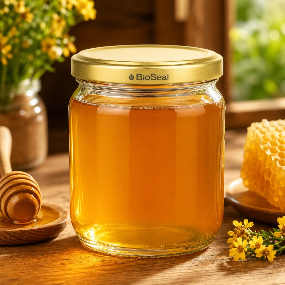 500g Honigglas mit goldenem Deckel BioSeal UNiTWIST 500 g BioSeal-hunajapurkki, jossa on kultainen kansi ja joka on täytetty hunajalla, hunajakennon ja hunajalusikan vieressä puupöydällä.