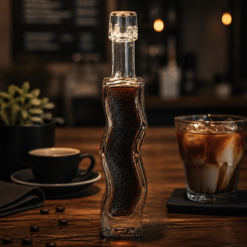 40ml Glasflasche "Anna" ohne Bügelverschluss UNiTWIST 40ml lasipullo Anna täynnä tummaa kahvisiirappia Kahvilan tunnelma Puinen pöytä Sovellusesimerkki Barista-tarvikkeet