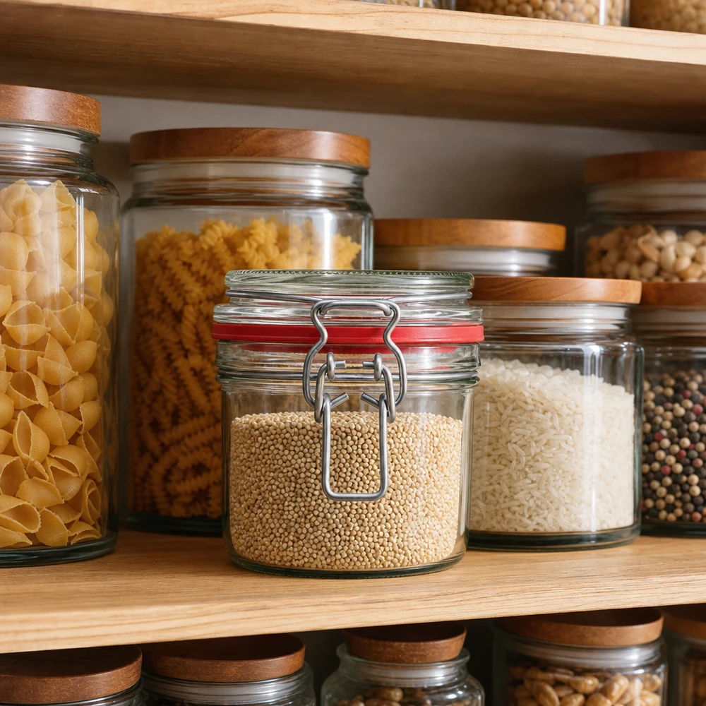 Vorratsgläser 255ml in organisierter Küchenpantry mit Nudeln, Reis und Gewürzen - praktische Küchenorganisation
