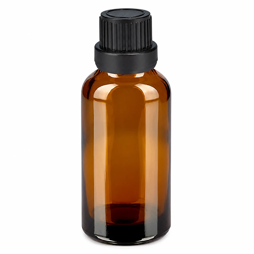 30ml pullo 11mm kierrekorkki musta väärentämisen estävä korkki BrownLine UT18/30 30ml meripihkanvärinen lasipullo mustalla kierrekorkilla eteerisille öljyille ja kosmetiikalle.