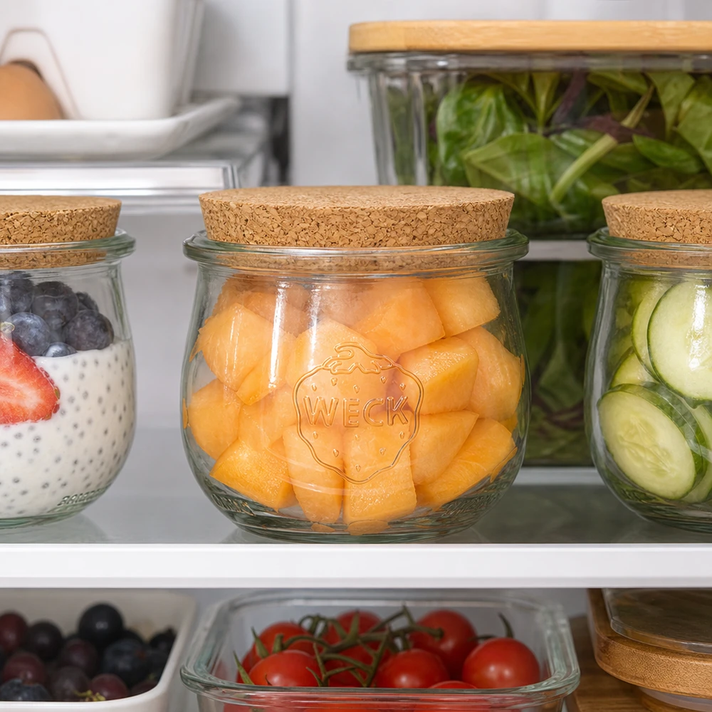370ml tulppaanipurkki WECK RR80 korkilla luonnollinen WECK Tulpenglas 370ml RR80 mit Naturkorken im Kühlschrank zur Aufbewahrung von Cantaloupe Melone und Gemüse
