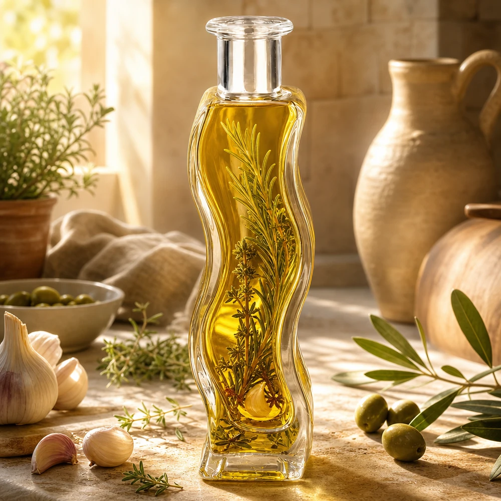 100ml Glasflasche "Melissa" ohne Verschluss UNiTWIST 100ml Melissa-lasipullo täynnä yrttiöljyä ja rosmariinin oksia Välimeren keittiössä, jossa on oliiveja ja keramiikkaa.