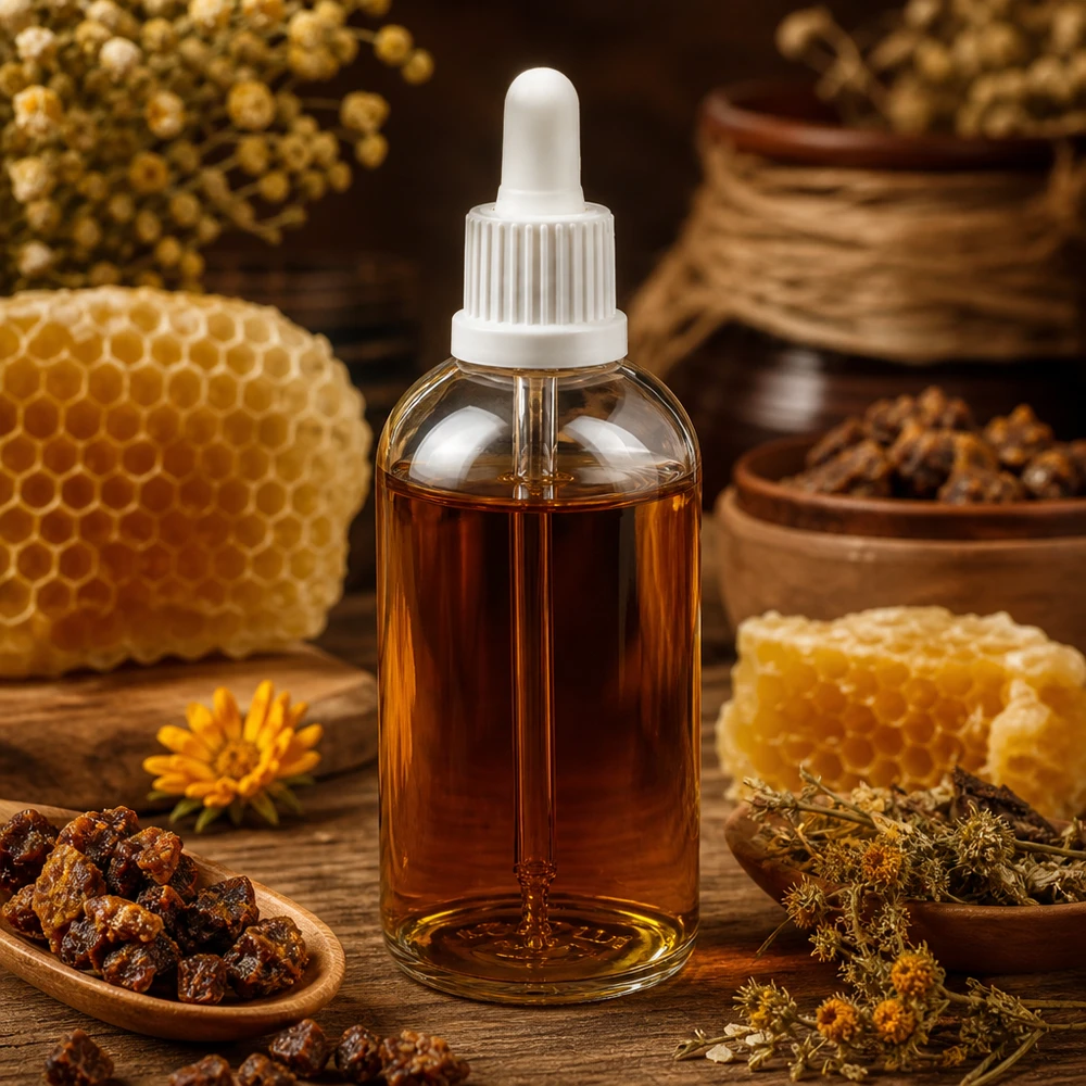 Ruskeaa propolis-uutetta 100 ml:n valkoisessa ClearLine-pipettipullossa, jota ympäröivät mehiläispesät ja lääkekasvit