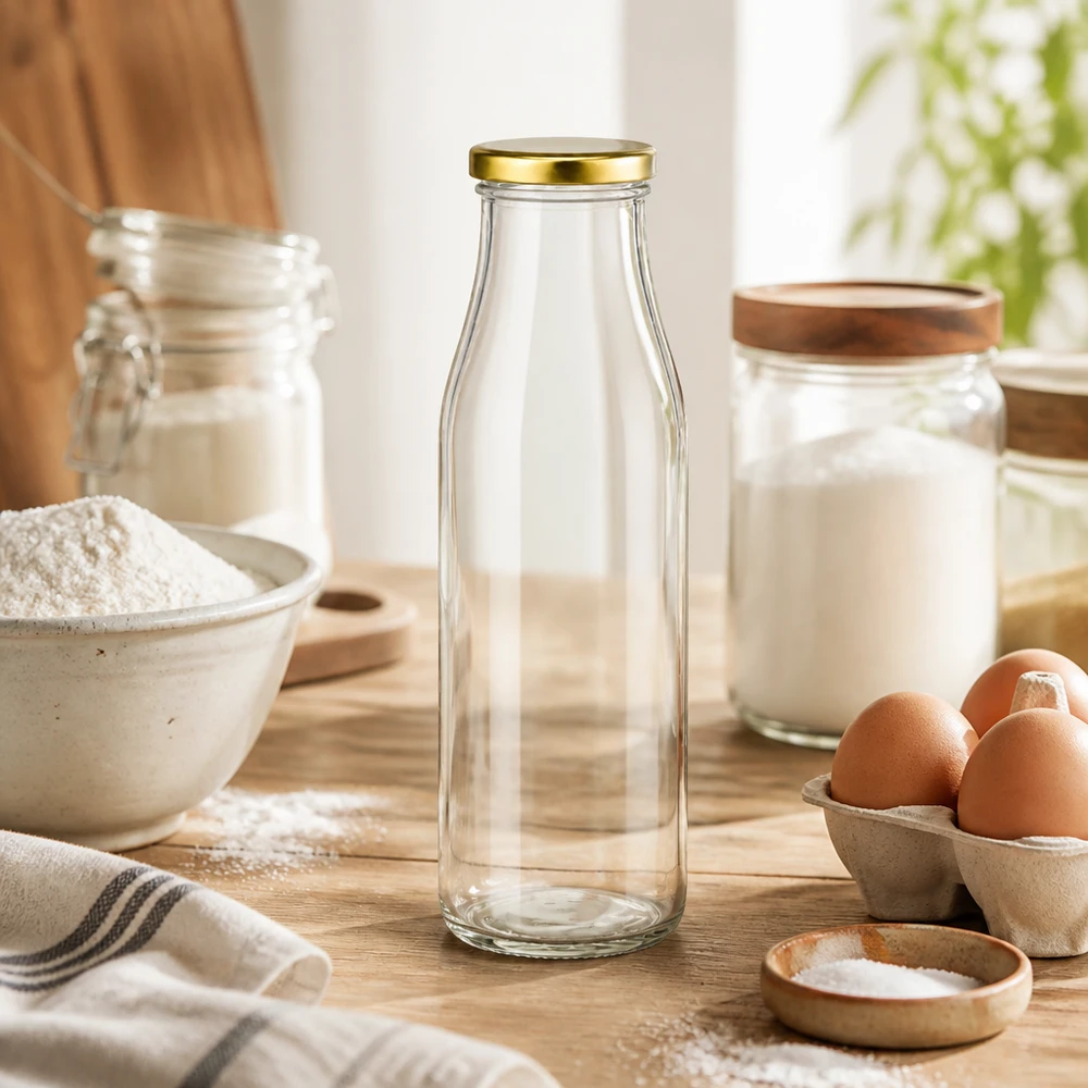 500ml lasipullo BasicSeal kansi kulta leivontaan keittiössä jauhot munat maitoa lasi puinen työtaso keittiötarvikkeet