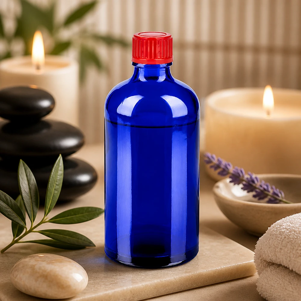 Korkealaatuinen 100ml meripihkanvärinen lasipullo, jossa on lapsiturvallinen punainen korkki turvallista säilytystä varten.