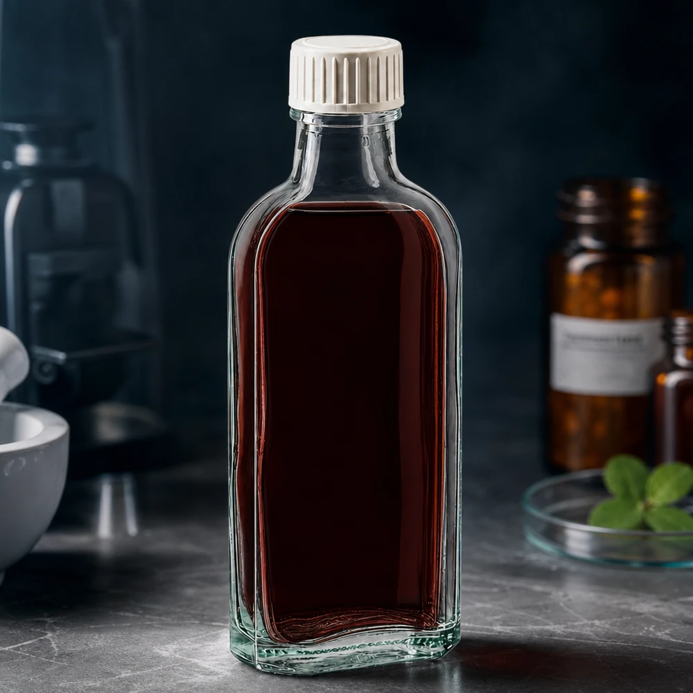 Meplat-lasipullo, 100 ml, PE-vaahtomuovisisäkkeellä ja tummalla nesteellä, laboratoriokäytössä