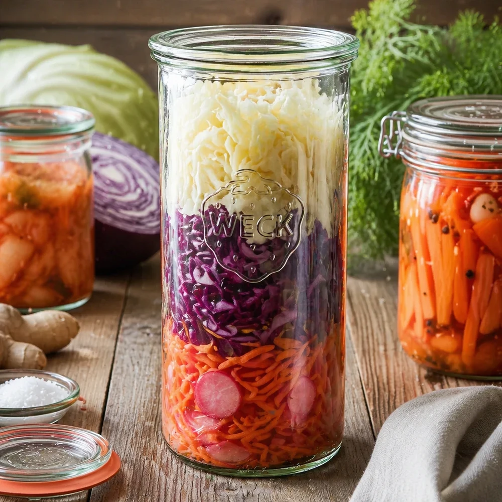 WECK RR100 1500ml muuripurkki, jossa on fermentoitua vihanneskastikkeellista hapankaalia puupöydällä tuoreiden ainesosien välissä.