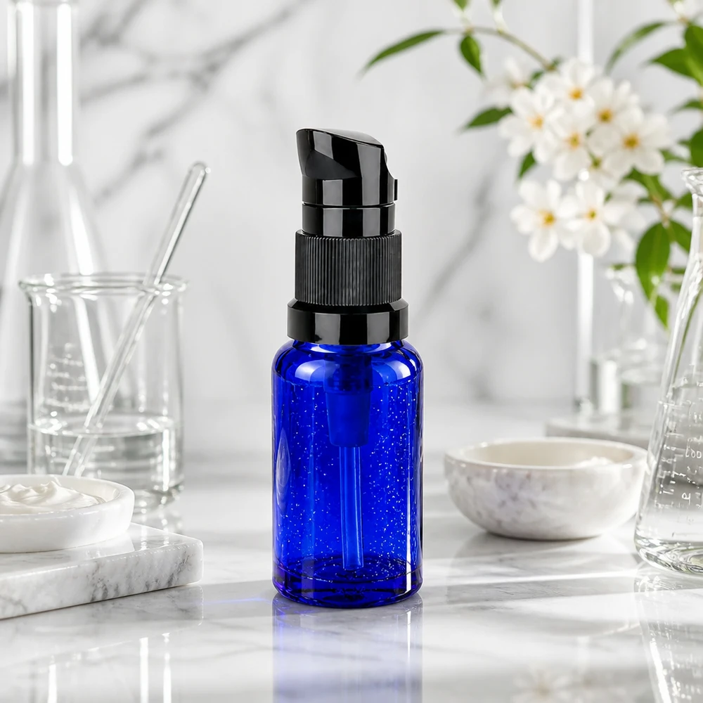 10ml pumppupullo musta vakiokorkki BlueLine UT18/10 10ml BlueLine pumppupullo UT18/10, valmistettu kestävästä lasista ja mustalla pumppupäällä laboratorioympäristöön.