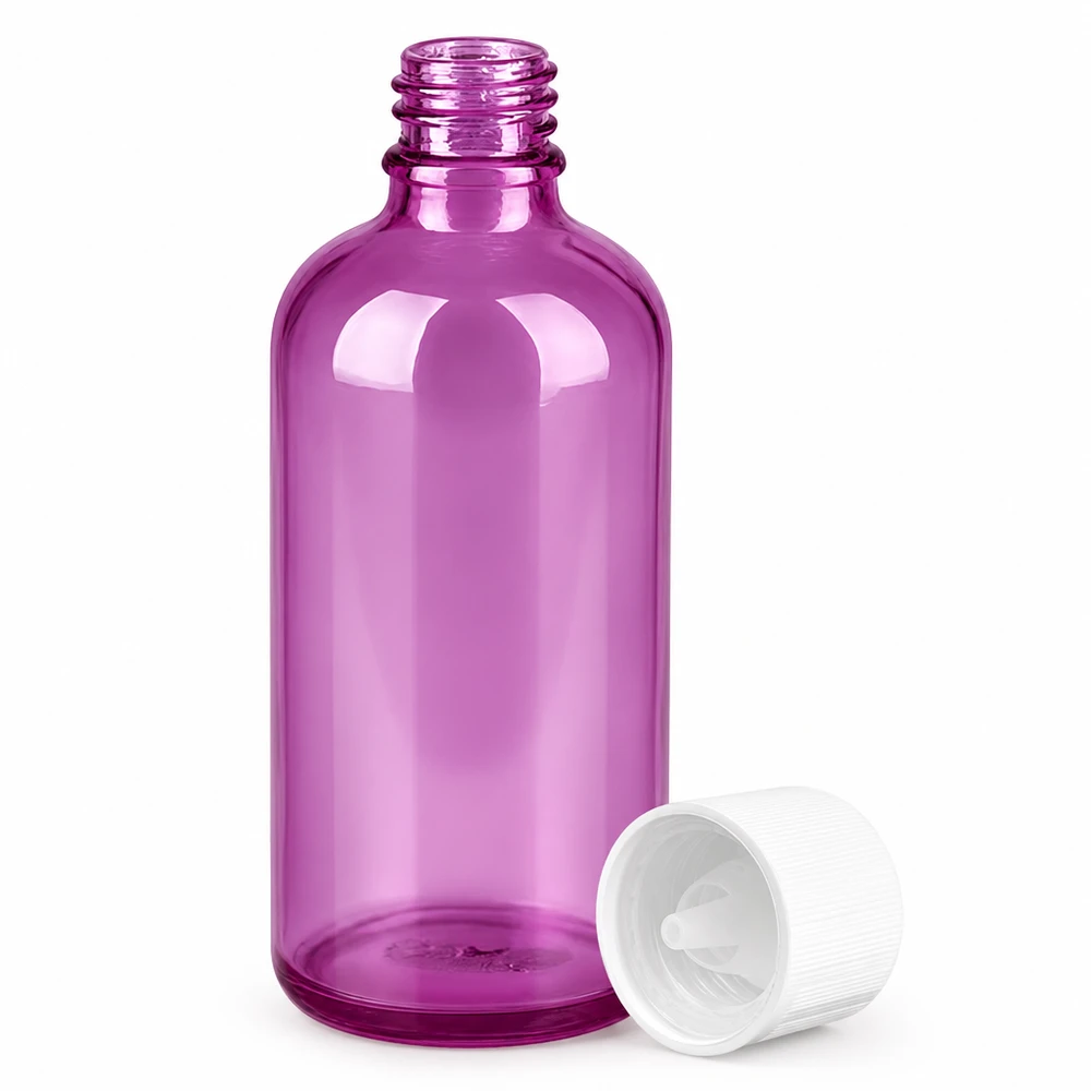 100ml violetti lasinen tippapullo, jossa on 1.2mm tippaeriste tarkkaa annostelua varten.