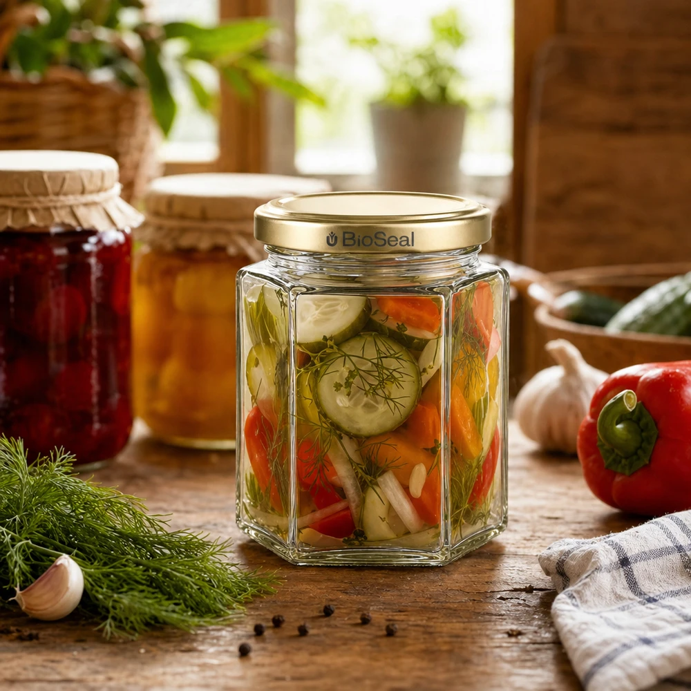 250g hunajapurkki kuusikulmainen täynnä marinoituja vihanneksia BioSeal kultainen kansi maalaiskeittiö tilli paprika kurkku