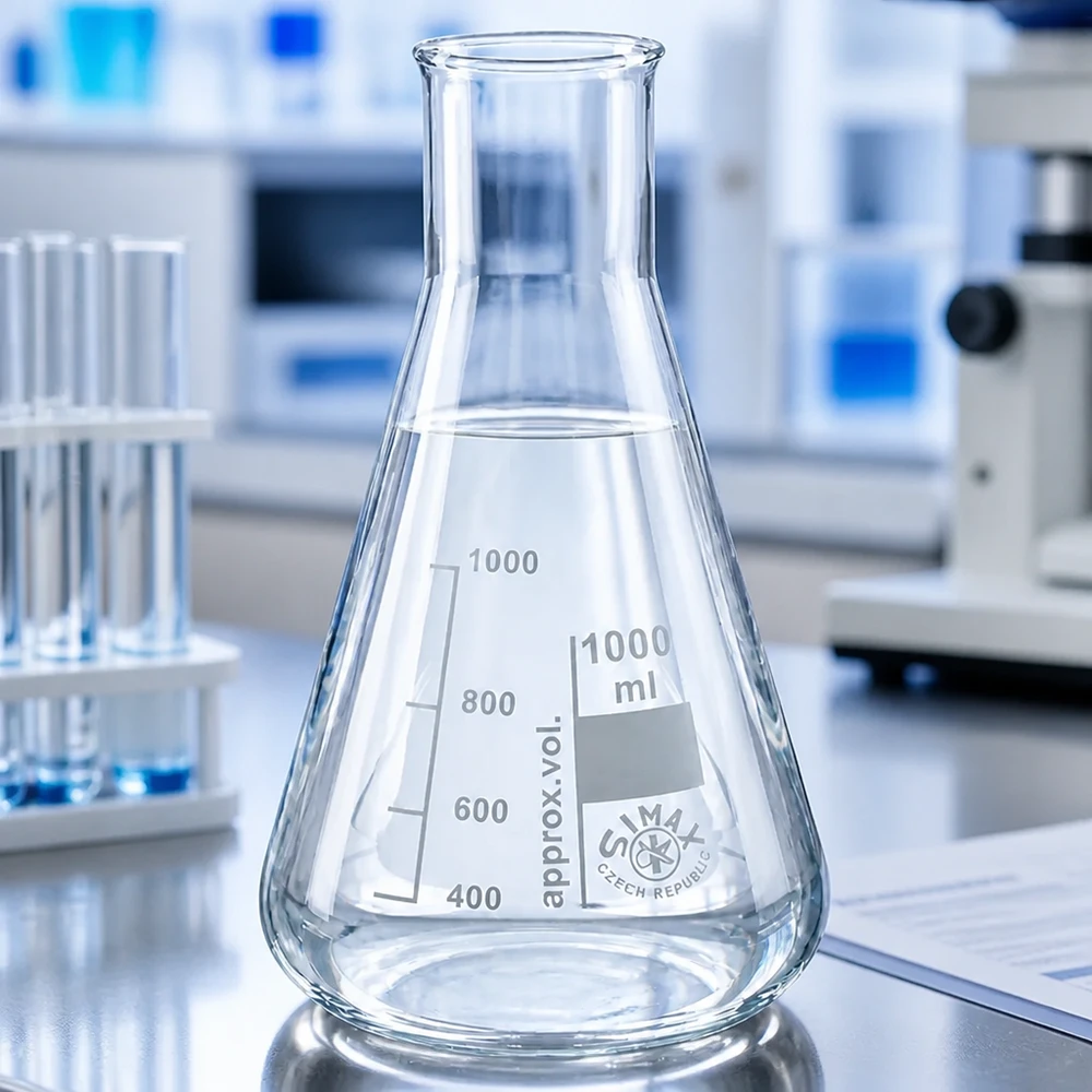 Erlenmeyerpullo 100ml, jossa on leveä kaula ja asteikko tarkkoihin mittauksiin laboratoriossa.