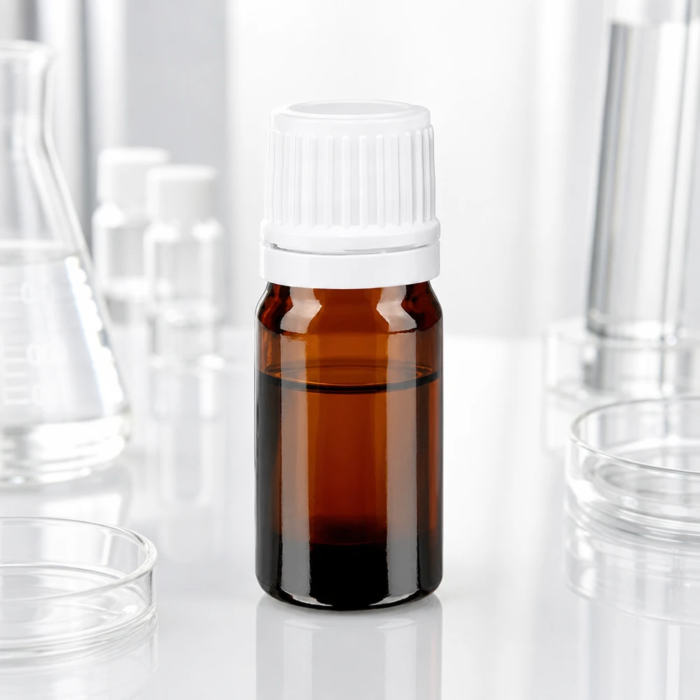 Apteekkipullo ruskea 5ml ruuvikorkki valkoinen väärentämisen estävä korkki 5 ml:n apteekkipullo, ruskeaa lasia, valkoisella alkuperäisyystulpalla (11 mm), laboratoriossa