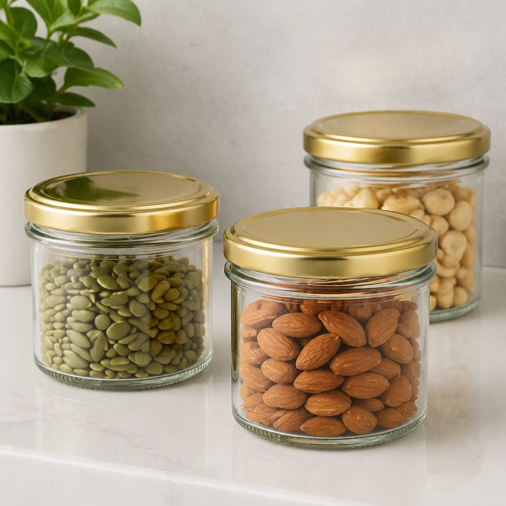 125 ml:n juomapullot, joissa on kultainen BasicSeal-kansi UNiTWIST. 125ml Sturzgläser mit BasicSeal Deckel gold für Nüsse und Trockenfrüchte - elegante Aufbewahrung in der Küche