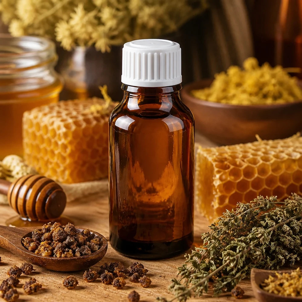 Apteekkipullo ruskea 15ml ruuvikorkki valkoinen standardi Ruskea lasipullo, 15 ml, valkoisella kierrekorkilla, mehiläispesän ja propolisin välissä