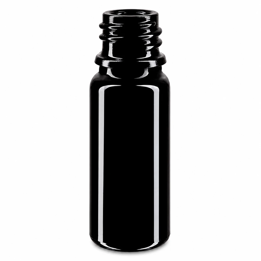 Violetti lasipullo 10ml DIN 18 (Mironglas) Violetti lasipullo 10ml DIN 18 musta kiiltävä eteerisille öljyille ja kosmetiikalle.