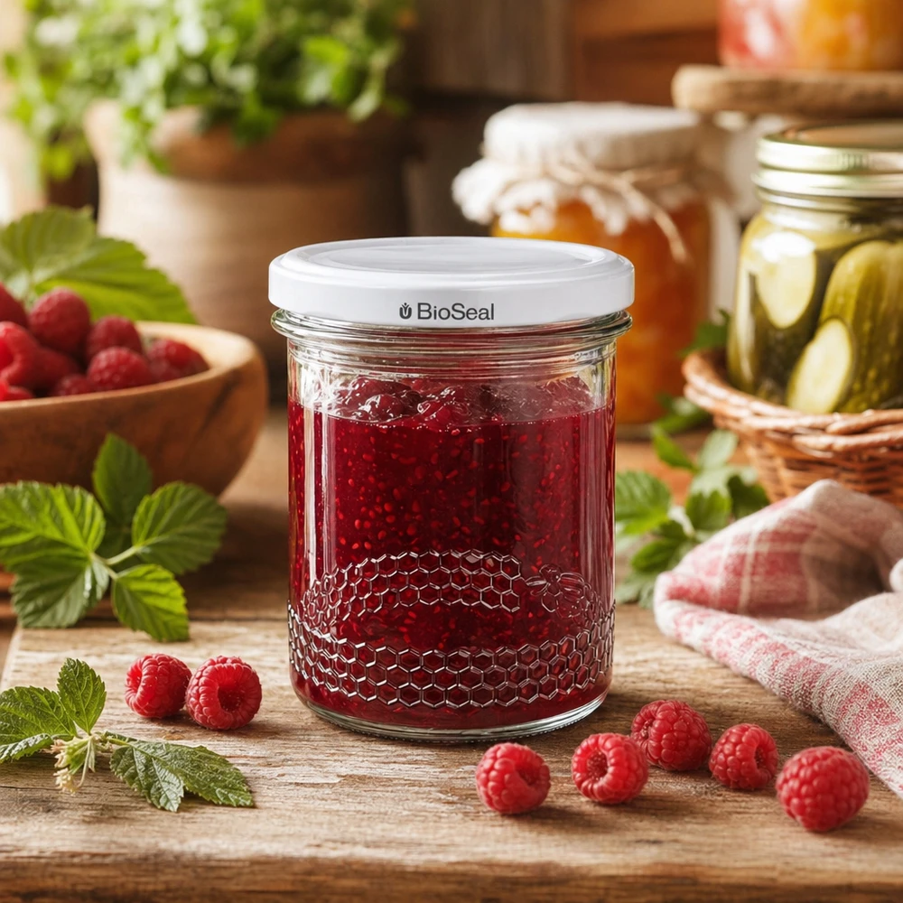 560g Honigglas + BioSeal Deckel weiß UNiTWIST Vadelmahillo 400 ml:n hunajapurkissa, jossa on BioSeal-kansi, tuoreiden vadelmien ympäröimänä puulautasella.