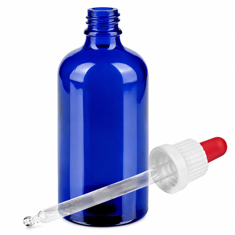 100ml pipettipullo musta valkoinen/punainen väärentämisen estävä sulkeminen BlueLine UT18/100 100ml lasipullo sininen pipetillä laboratorioon ja apteekkiin - tarkka nesteen otto
