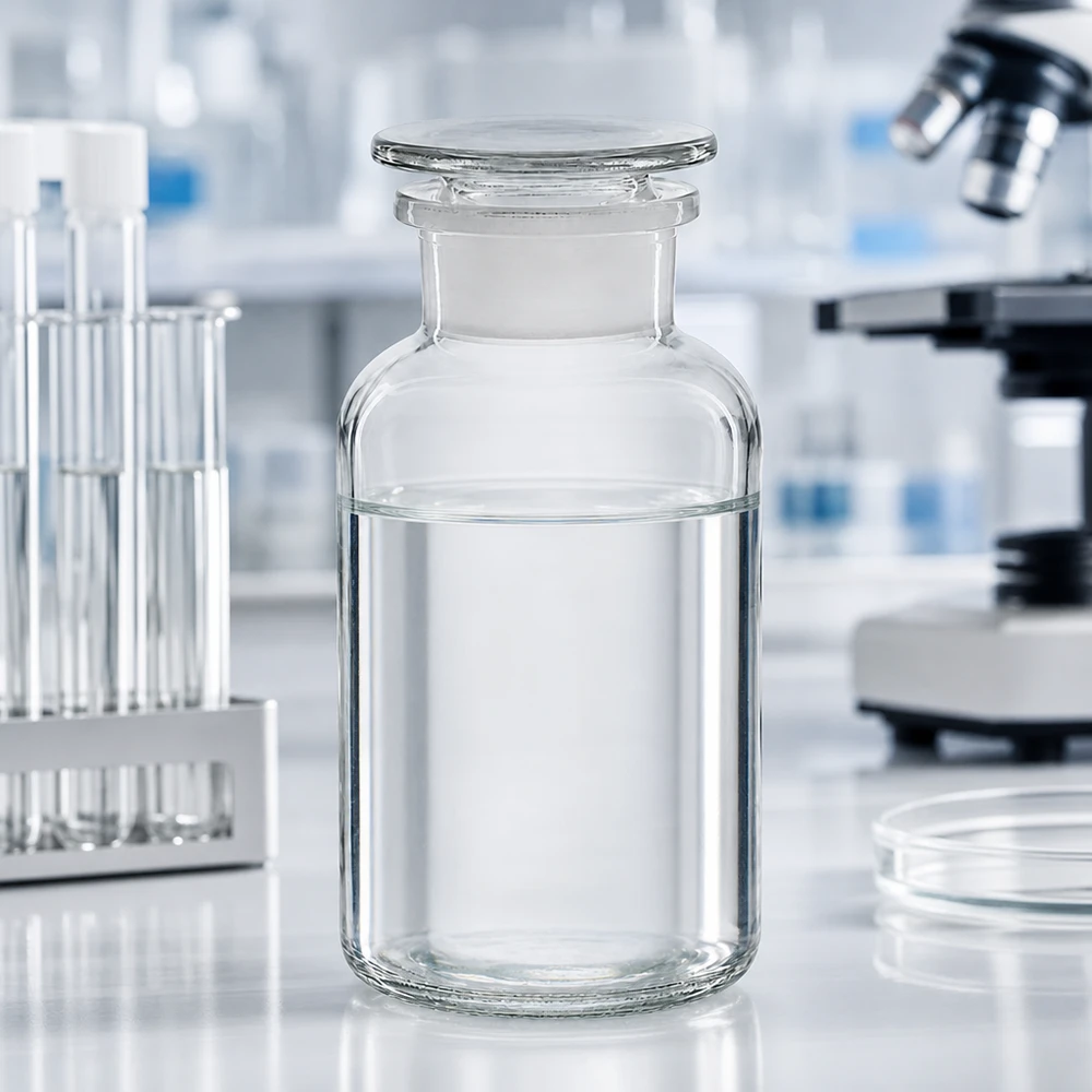 Pyöreä olkapääpullo 500ml kirkas leveäkaulainen lasitulppa 500 ml:n läpinäkyvä, leveäkaulainen apteekkipullo lasitulpalla valkoisella laboratoriopöydällä