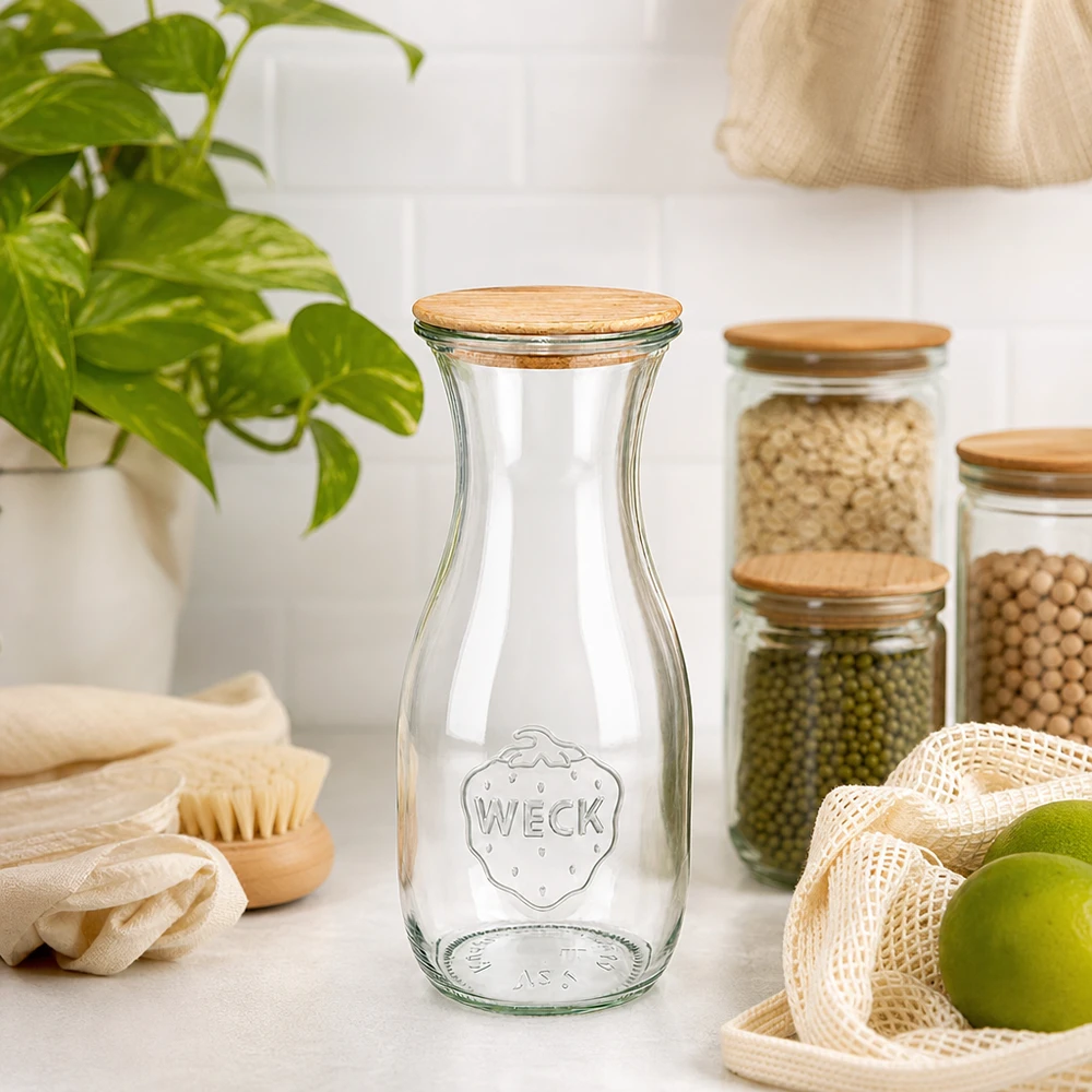 WECK mehupullo 530ml RR60 puukannella kestävässä nollajätekeittiössä luomutuotteiden ja kasvien vieressä.