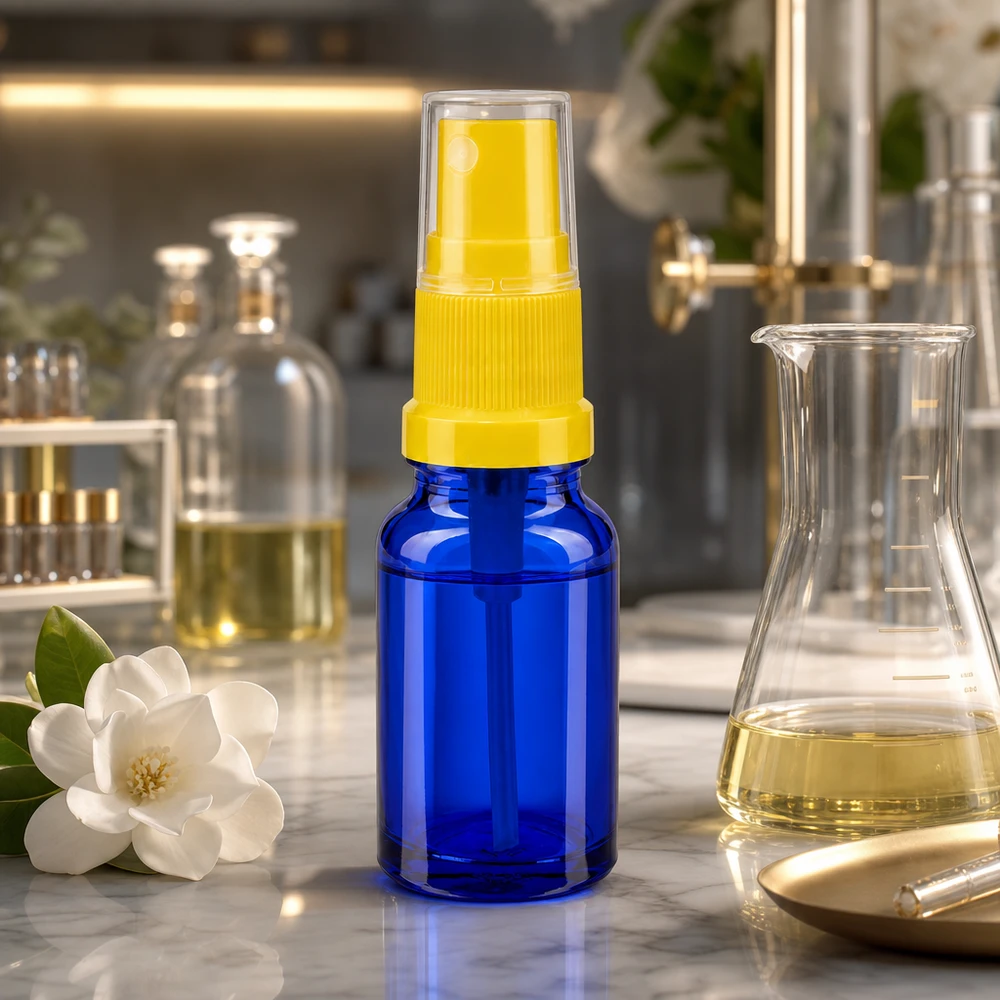 10ml suihkepullo keltainen/läpinäkyvä vakiokorkki BlueLine UT18/10 Kompakti 10 ml:n suihkepullo korkealaatuisesta lasista, jossa keltainen suihkepää BlueLine UT18 10 -sarja