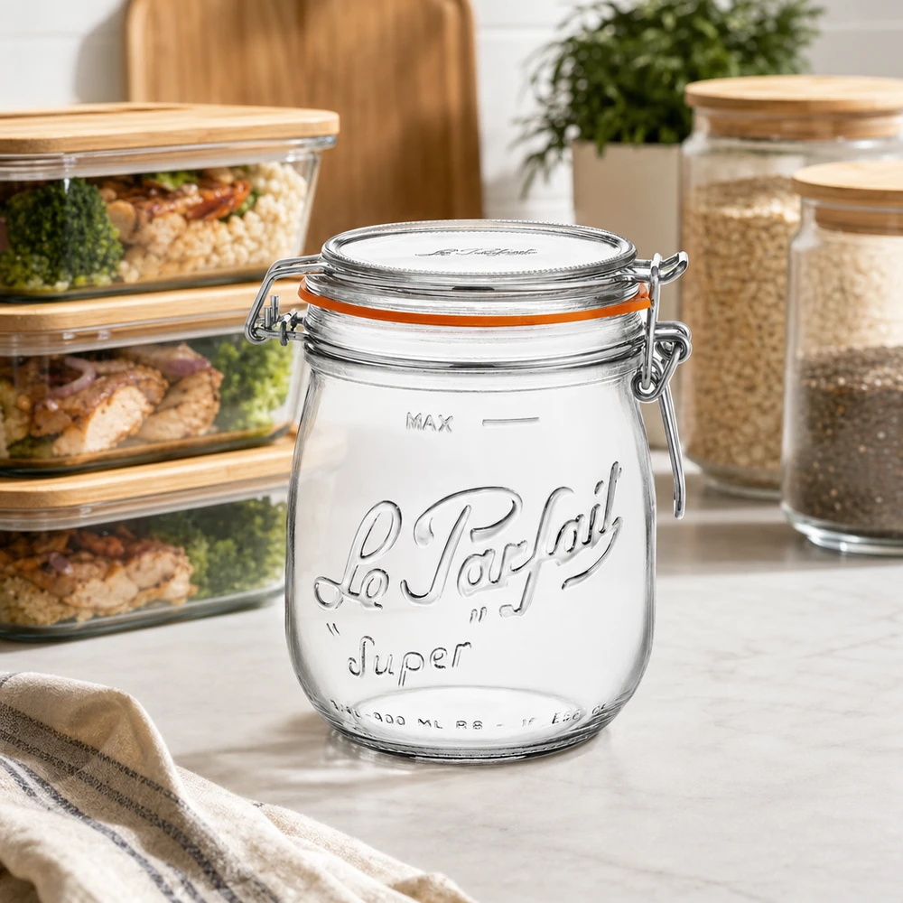 750ml Vorratsglas "Super" mit Bügelverschluss Le Parfait® 750ml Le Parfait Super säilytyspurkki, jossa on kääntyvä kansi, modernissa keittiössä muiden säilytysastioiden rinnalla.