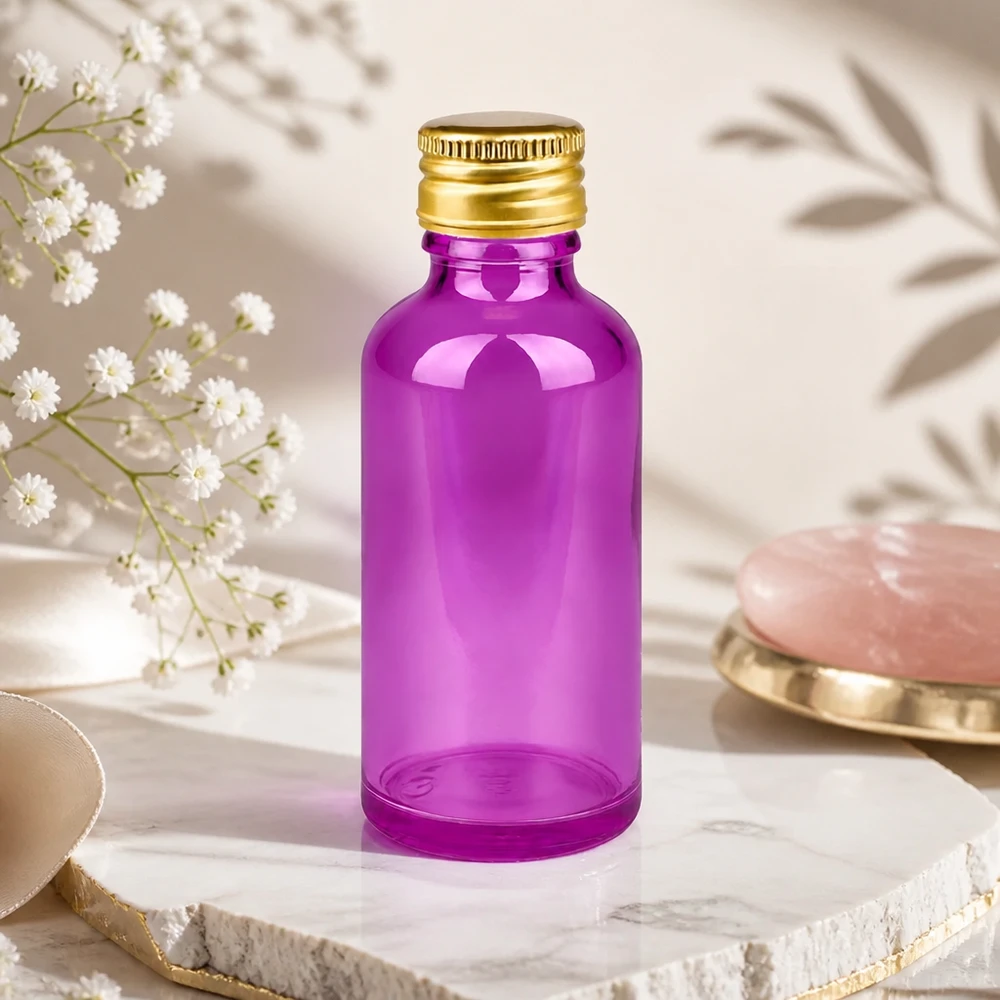 50ml pullo 11mm kierrekorkki alumiininen kultainen standardi PurpleLine. UT18/50 Elegantti 50 ml:n pullo kirkkaan violettia, jossa on ylellinen kultainen viimeistely eksklusiivisille hoitotuotteille.