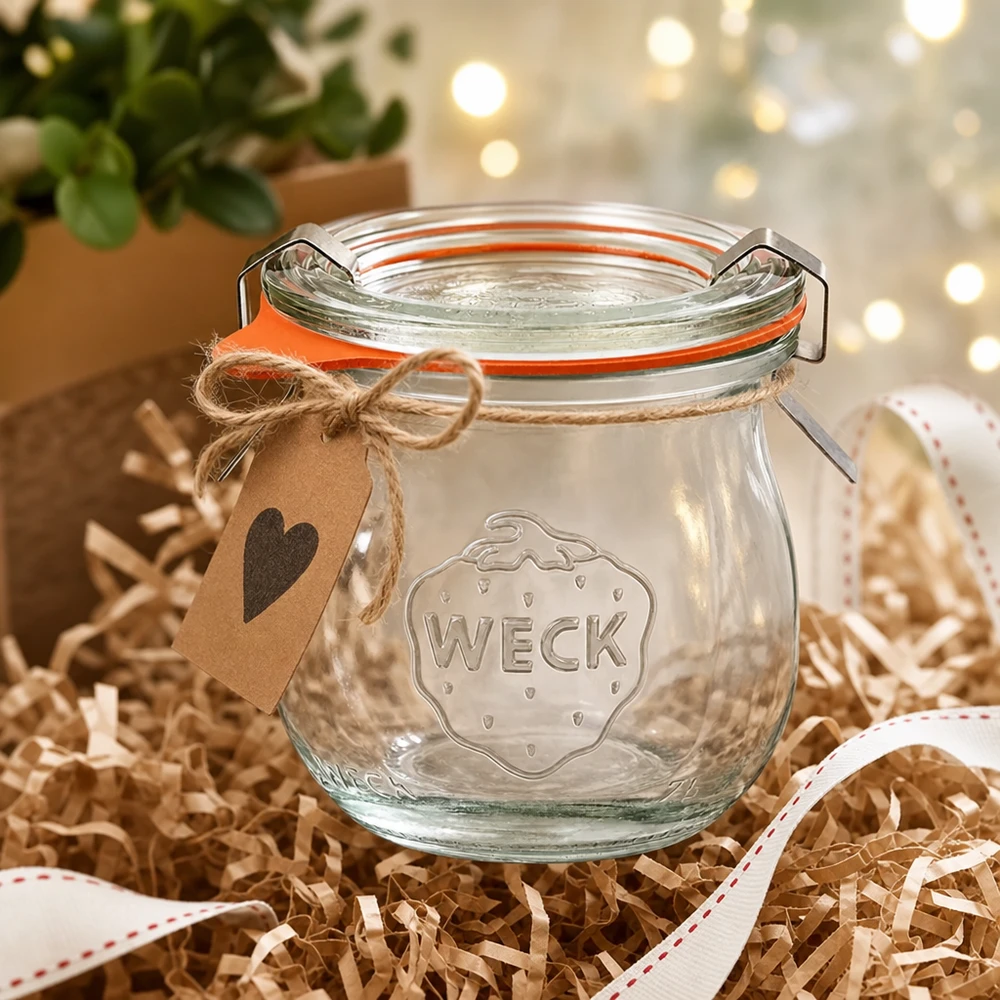 75ml tulppaanipurkki täydellinen WECK RR40 WECK tulppaanipurkki 75ml RR40 lahjaideana koristeellisesti pakattuna sydänriipuksella ja lahjanauhalla juhlallisessa ilmapiirissä.
