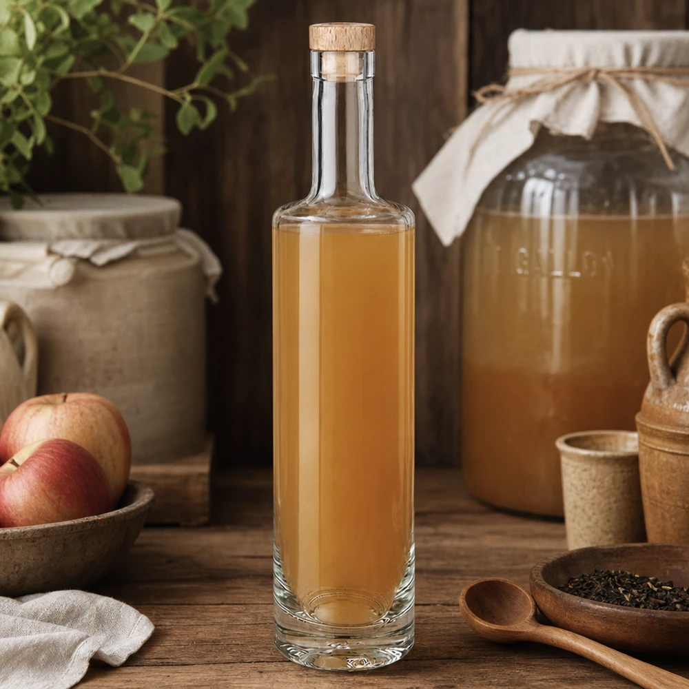 500ml Glasflasche "Lina" mit Holzgriff-Korken UNiTWIST 500ml lasipullo Lina puukorkilla, joka on täytetty omenaliköörillä maalaiskeittiön omena yrtit tunnelma