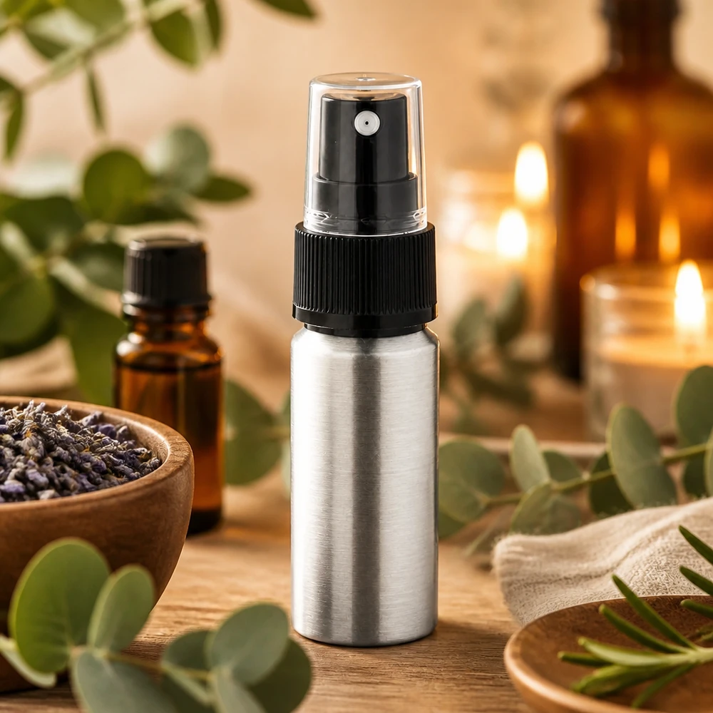 20ml kiillotettu alumiinipullo, jossa on sumutin. Tyylikäs 20ml alumiinipullo mattapintaisella viimeistelyllä ja tarkalla sumuttimella eteerisille öljyille.