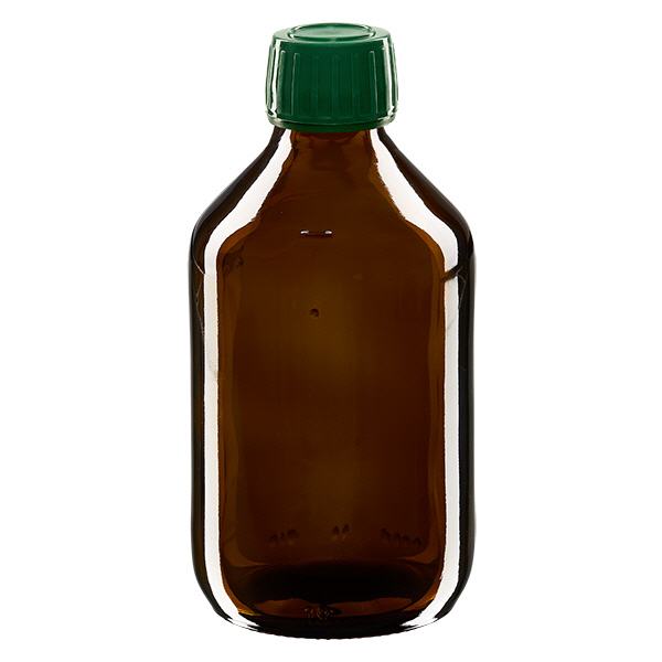 250ml lääkepullo ruskea, korkki vihreä, jossa peukaloinninestosormus ApoGlas 250ml lääkepullo ruskea, korkki vihreä, jossa peukaloinninestosormus ApoGlas