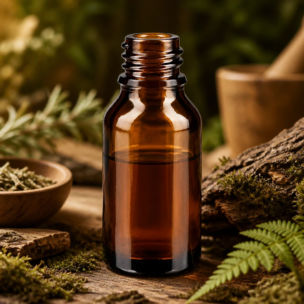 Tippapullo 15 ml DIN 18 meripihkalasista tippapullo 15ml ruskea lasipullo ApoGlas luonnollisessa metsämaisemassa, jossa on sammal saniainen ja maalaismainen puu naturopatiaa varten.
